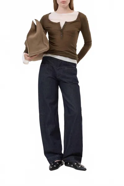 Closed Deep Neck Long Sleeve Tee In Marsh Green In Multi