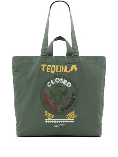 Closed Embroidered Cotton Tote Bag In Green