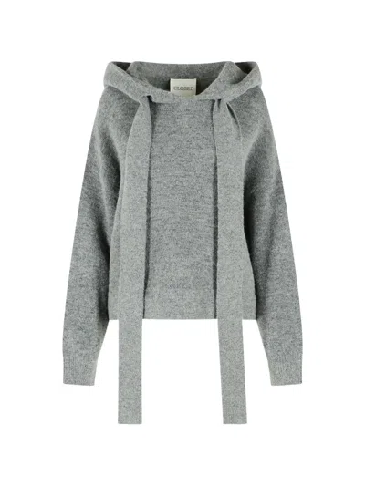 Closed Fine-knit Drawstring Hooded Sweater In Gray