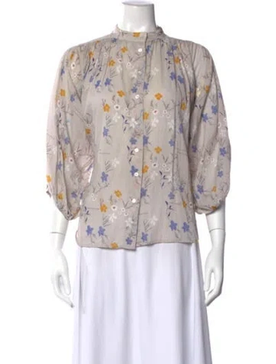 Pre-owned Closed Floral Print Three-quarter Sleeve Blouse In Gray