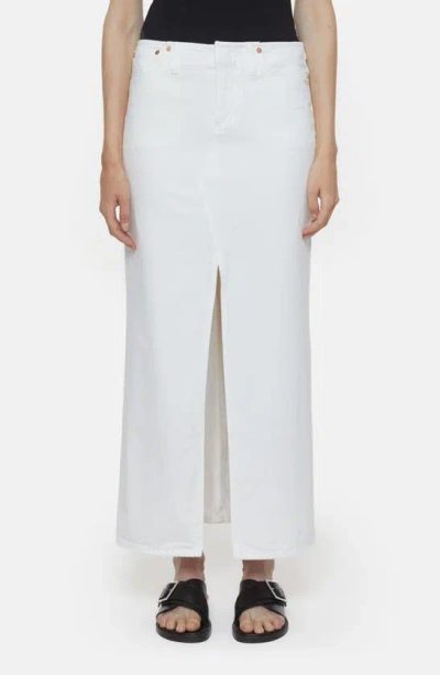 Closed Front Slit Denim Midi Skirt In White
