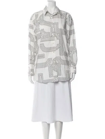 Pre-owned Closed Graphic Print Long Sleeve Button-up Top In White