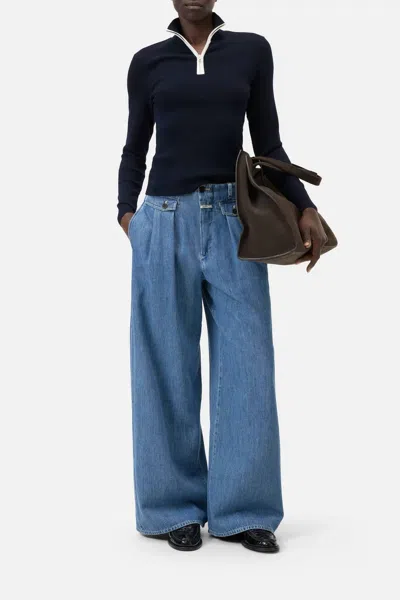 Closed Half Zip Fine-knit Top In Dark Night In Blue