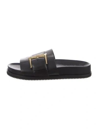 Pre-owned Closed Leather Slides In Black