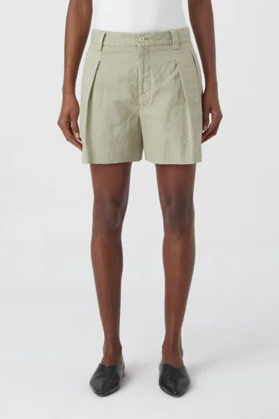 Closed Mid Waist Linen Cotton Blend Shorts In Light Moss Green
