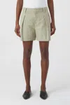 Closed Mid Waist Linen Cotton Blend Shorts In Light Moss Green In Green