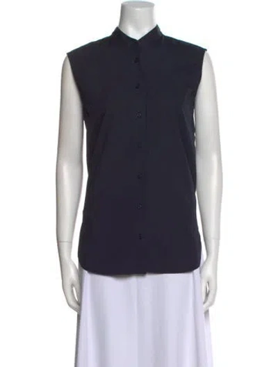 Pre-owned Closed Mock Neck Sleeveless Button-up Top In Blue