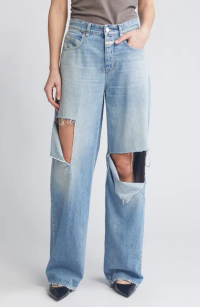 Closed Nikka Ripped Wide Leg Jeans In Mbl Mid Blue