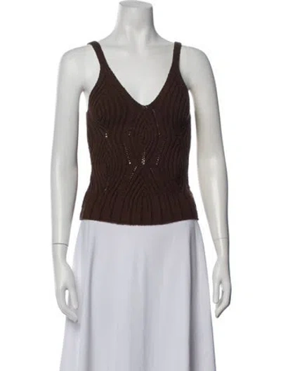 Pre-owned Closed Patterned V-neck Top In Brown
