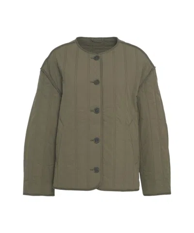 Closed Quilted Jacket With Round Neckline And Boxy Silhouette In Green