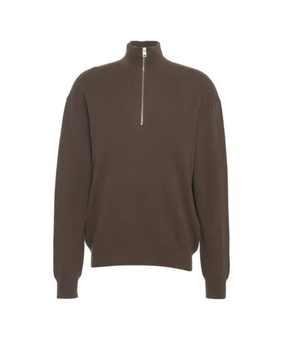 Closed Ribbed Half-zip Sweater With High Collar In Brown