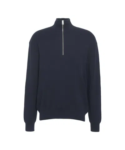 Closed Ribbed Knit Sweater With High Collar And Half-zip Closure In Blue