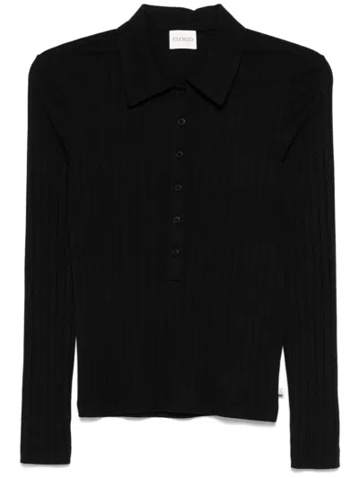 Closed Ribbed Polo Top In Black