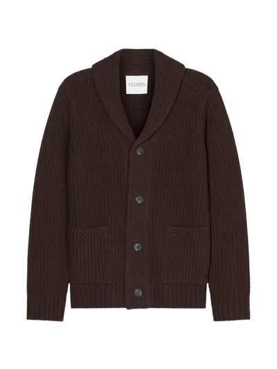 Closed Ribbed Shawl-collar Cardigan In Brown