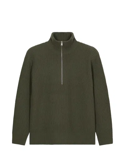 Closed Ribbed-knit Half-zip Sweater In Green