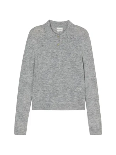 Closed Ribbed-knit Long-sleeve Polo Shirt In Gray