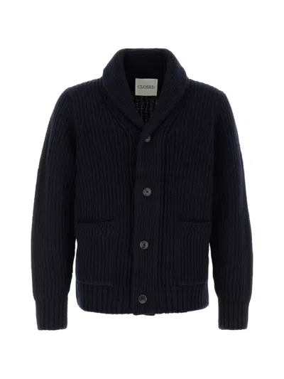 Closed Ribbed-knit Shawl-collar Cardigan In Blue