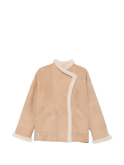 Closed Shearling-trim Double-breasted Jacket In Brown