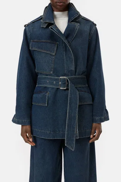 Closed Short Denim Trench Coat In Dark Blue