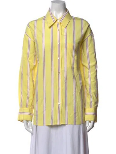 Pre-owned Closed Striped Long Sleeve Button-up Top In Yellow