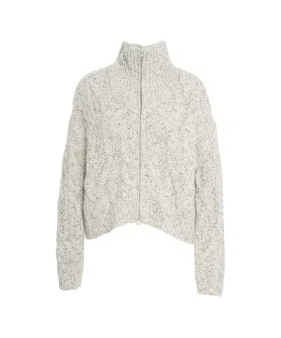 Closed Textured Cable Knit Cardigan With High Collar And Front Zipper In Gray