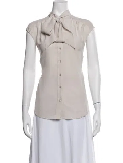 Pre-owned Closed Tie Neck Short Sleeve Blouse In White
