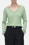 Closed V-neck Long Sleeve Organic Cotton Knit Top In Green