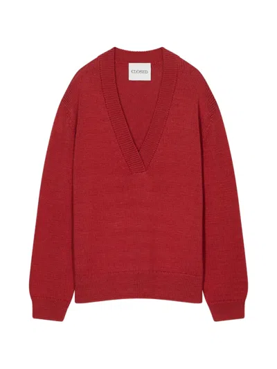 Closed V-neck Long-sleeve Sweater In Burgundy