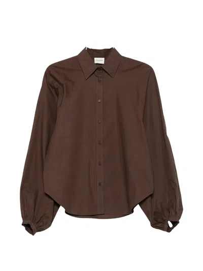 Closed Deep Brown Blouse With Classic Collar And Puffed Sleeves