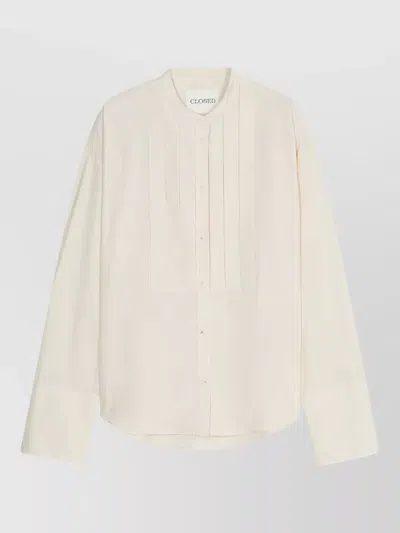 Closed Relaxed Fit Blouse With Vertical Pleats And Band Collar In Multi