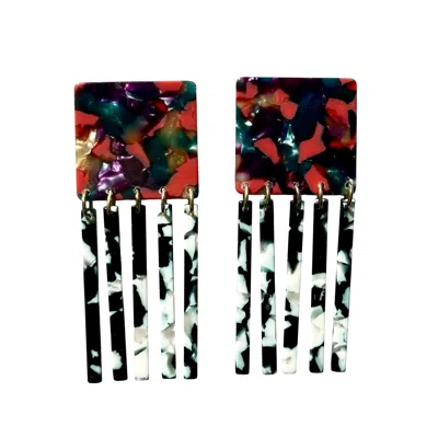 Closet Rehab Women's Green / Black / Red Square Fringe Earrings In Berry Bold In Multi