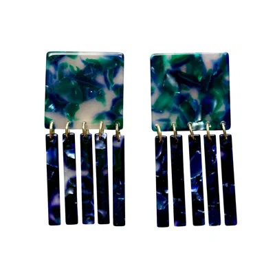 Closet Rehab Women's Green / Blue Square Fringe Earrings In Preppy