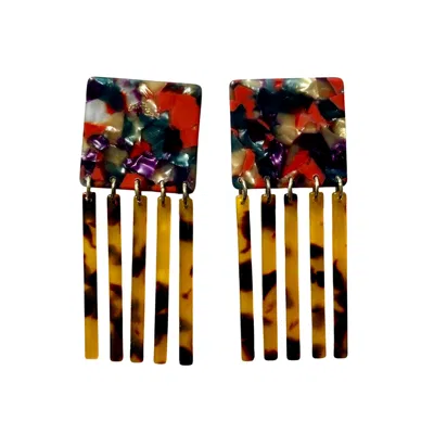 Closet Rehab Women's Green / Brown / Red Square Fringe Earrings In Berry Nice In Multi