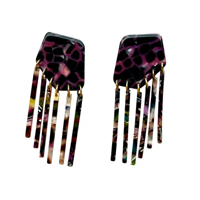 Closet Rehab Women's Pink / Purple / Black Shield Fringe Earrings In Electric Grape