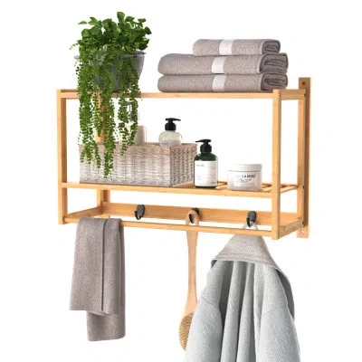 Closetmaid Bamboo Solid Wood Accent Shelf With Towel Bar & Hooks In Brown
