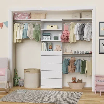 Closetmaid Mosaics Closet System With 6 Shelves, 4 Drawers And 3 Hang Rods In White
