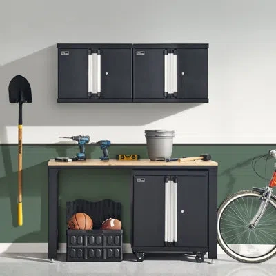 Closetmaid Progarage 4 Piece Cabinet And Workbench Table Set In Black