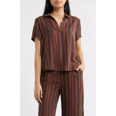 Cloth & Stone Collared Stripe Short Sleeve Shirt In Brown