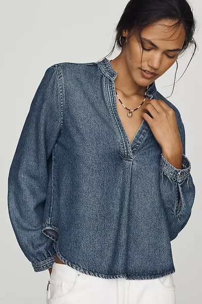 Cloth & Stone Denim Henley Shirt Top In Blue