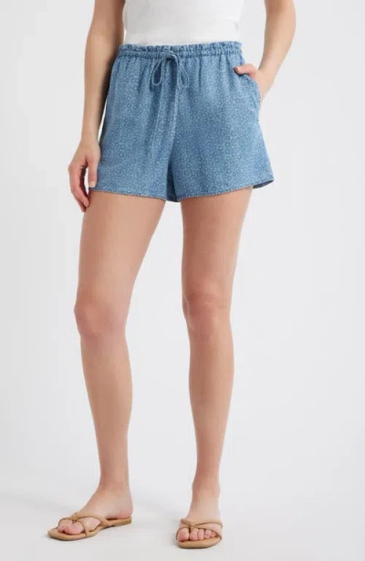 Cloth & Stone Floral Print Drawstring Denim Shorts In Blue