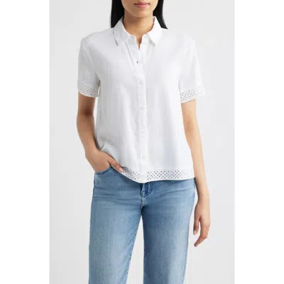 Cloth & Stone Lace Trim Short Sleeve Button-up Shirt In White