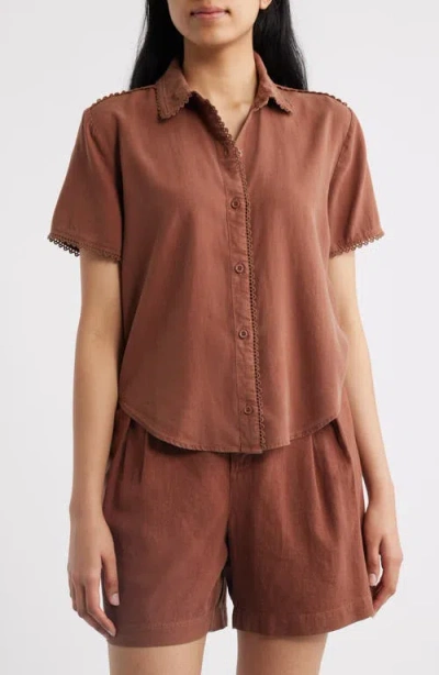 Cloth & Stone Picot Trim Short Sleeve Button-up Shirt In Brown