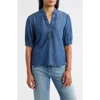 Cloth & Stone Puff Sleeve Half Placket Chambray Top In Blue
