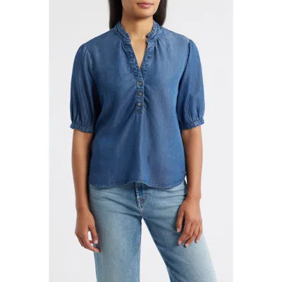 Cloth & Stone Puff Sleeve Half Placket Chambray Top In Blue