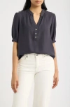 Cloth & Stone Puff Sleeve Half Placket Top In Eclipsed Black