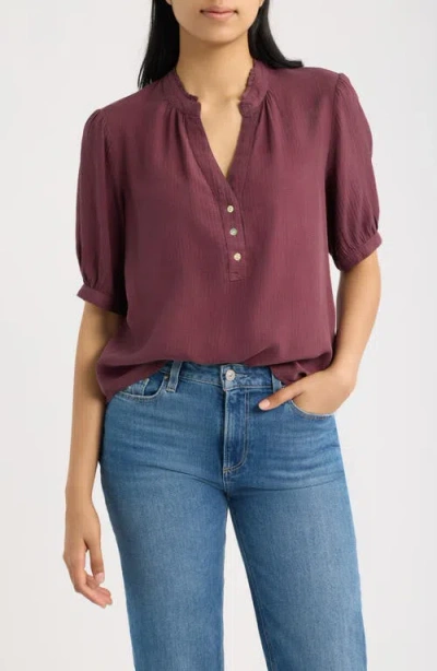 Cloth & Stone Puff Sleeve Half Placket Top In Pinot Noir
