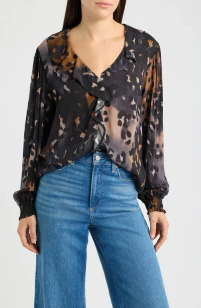 Cloth & Stone Ruffle Front Button Top In Multi