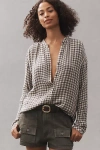 Cloth & Stone Shirred Henley Top In Black