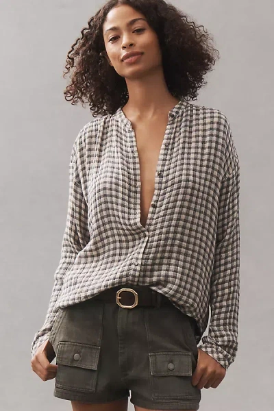 Cloth & Stone Shirred Henley Top In Black