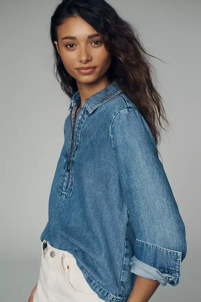 Cloth & Stone Zip-front Denim Shirt Top In Blue